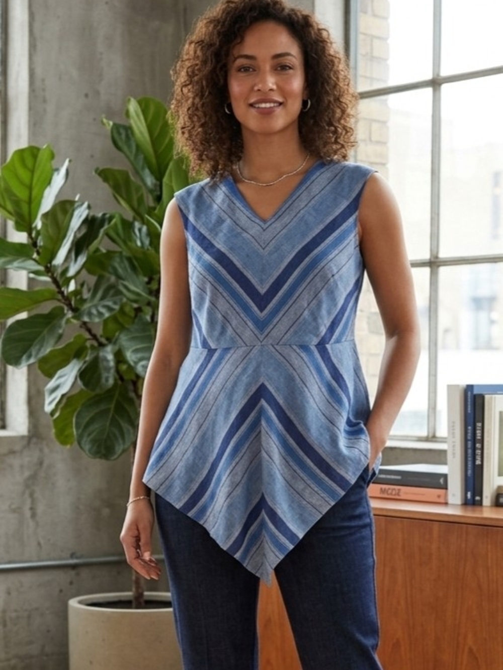 Sleeveless Blue Chevron Handkerchief Hem Top - Women